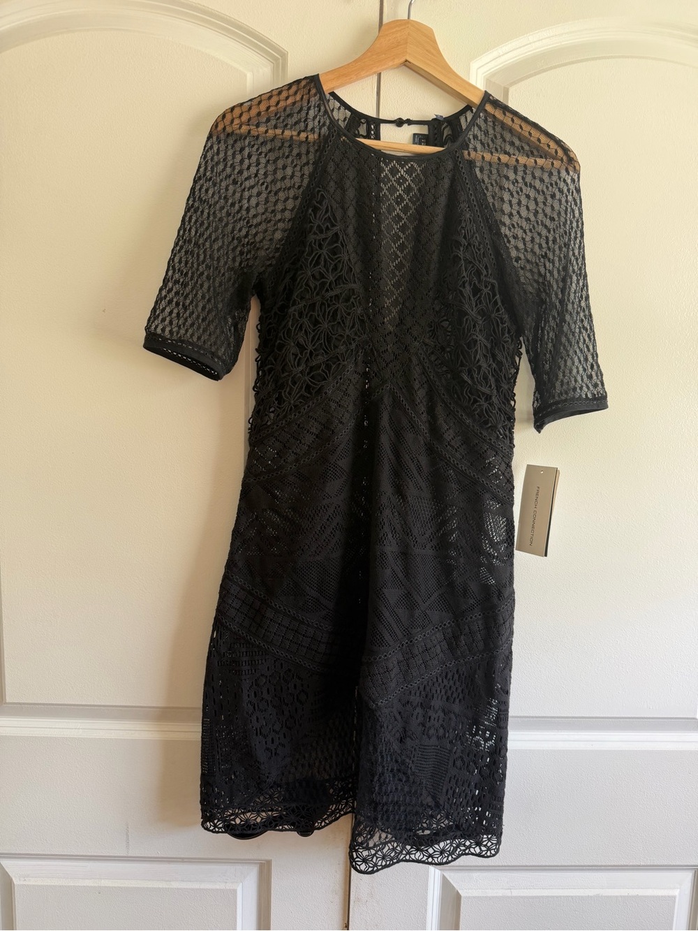 French Connection Black Lace Midi Dress with Short Sleeves Sexy Date Night
